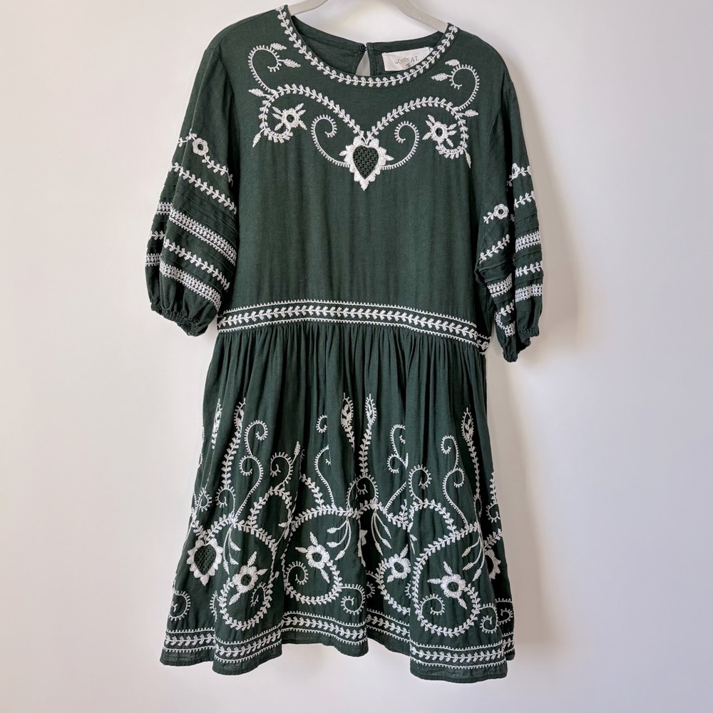 THE GREAT Bohemian Embroidered Dress - Green and White